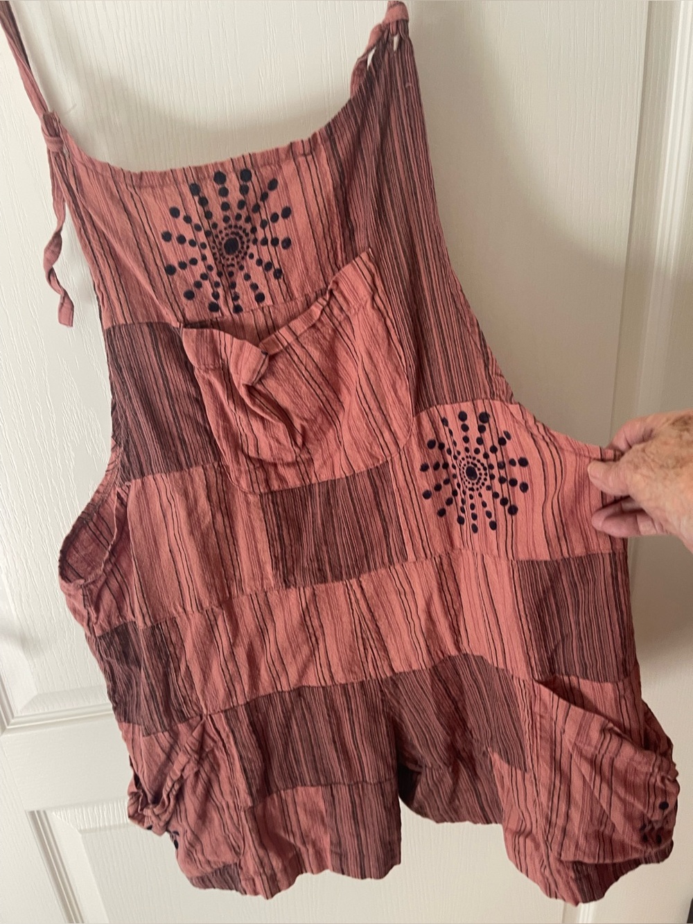 Earthbound Patchwork Romper Copper Tones . Three Pockets Motifs Sz L - Picture 1 of 4
